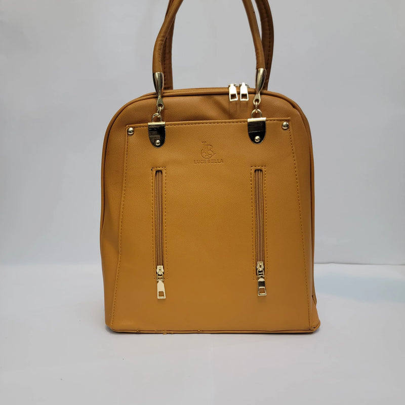 Cross B. tan faux-leather backpack with gold-tone hardware, front view