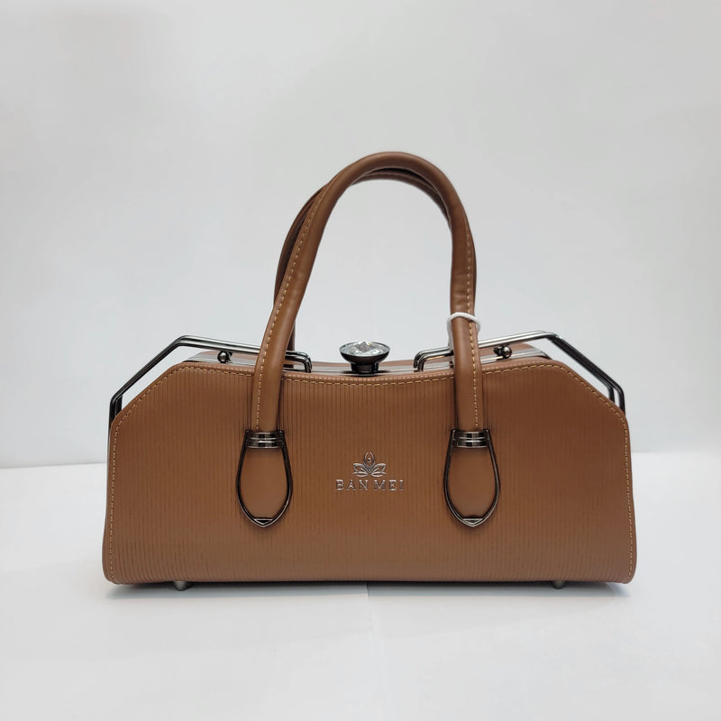 A tan textured leather handbag with double top handles, black metal frame details, and a silver-tone 'FARVEI' logo on the front, set against a plain white background.