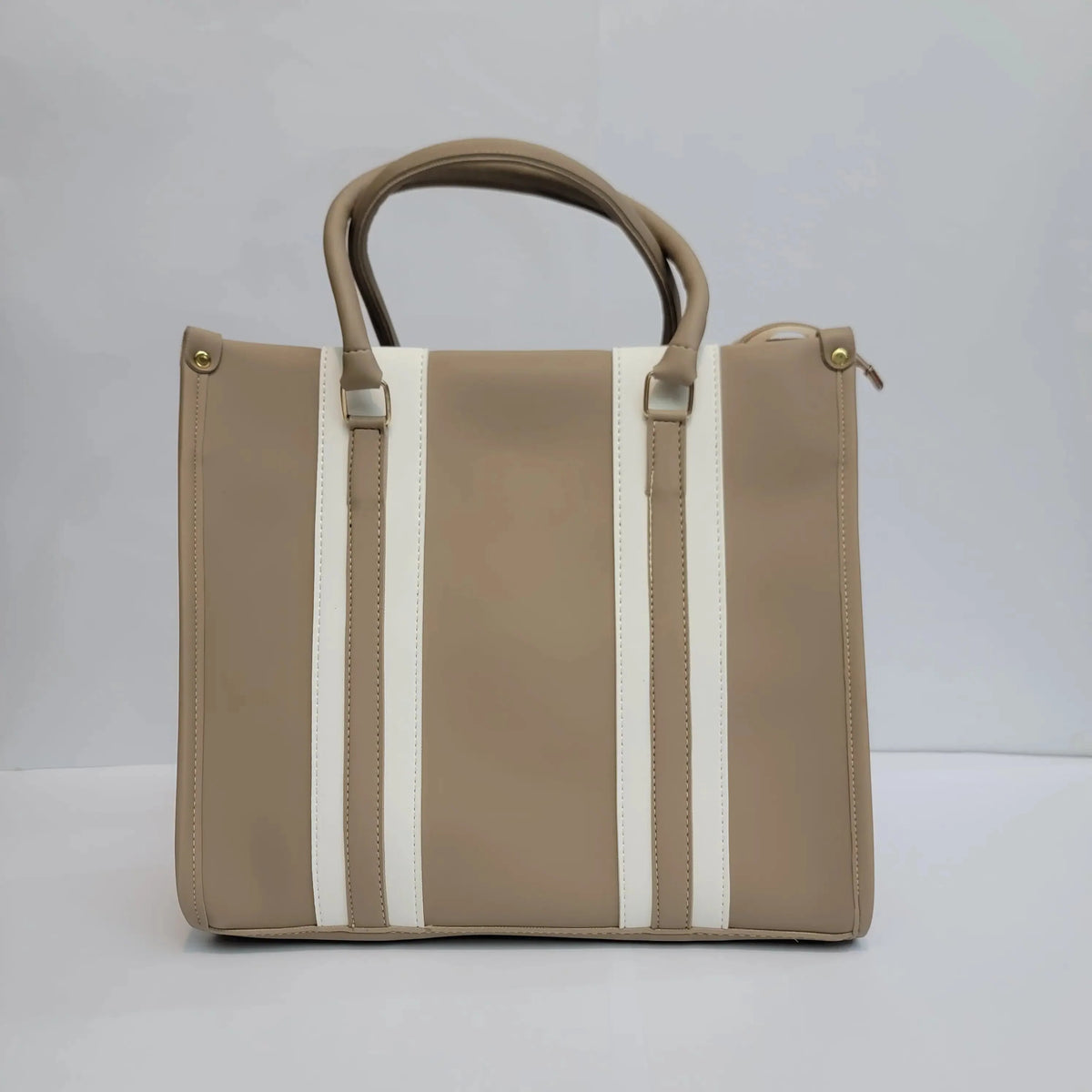 Cross B. beige structured tote bag with contrast stripe panels, front view