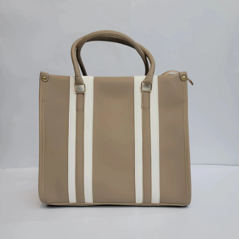 Cross B. beige structured tote bag with contrast stripe panels, front view