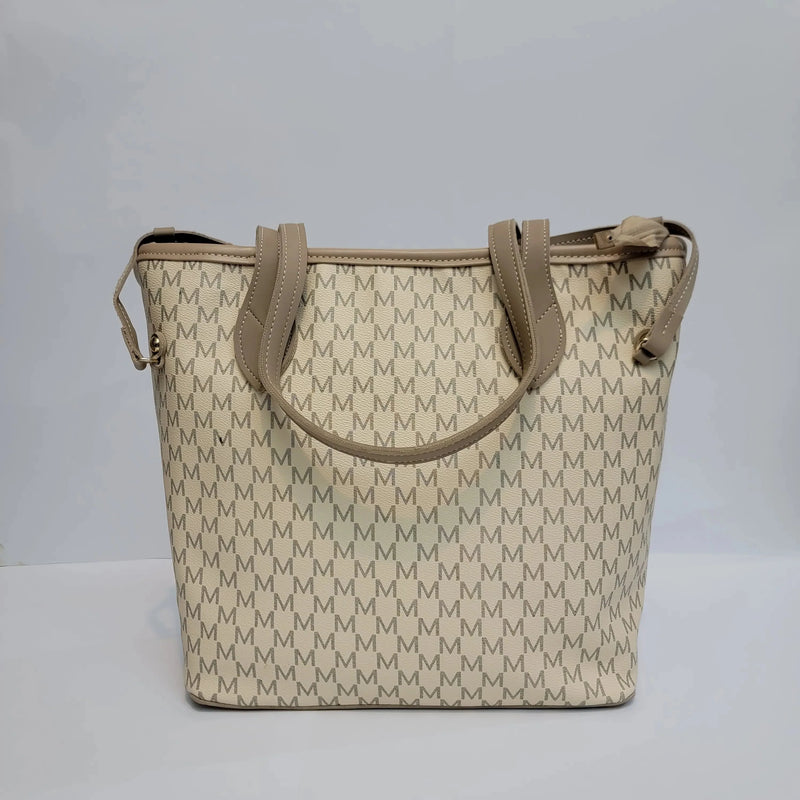 Cross B. beige and taupe chevron print tote bag, front view