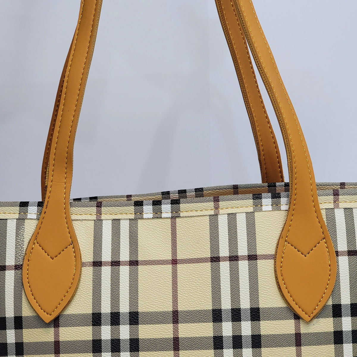 Cross B. mustard checkered tote bag, back view