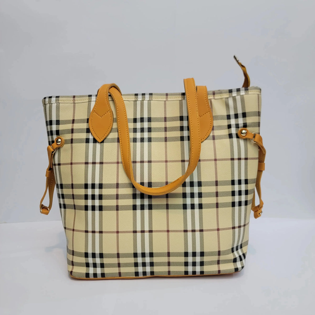 Cross B. mustard checkered tote bag, front view