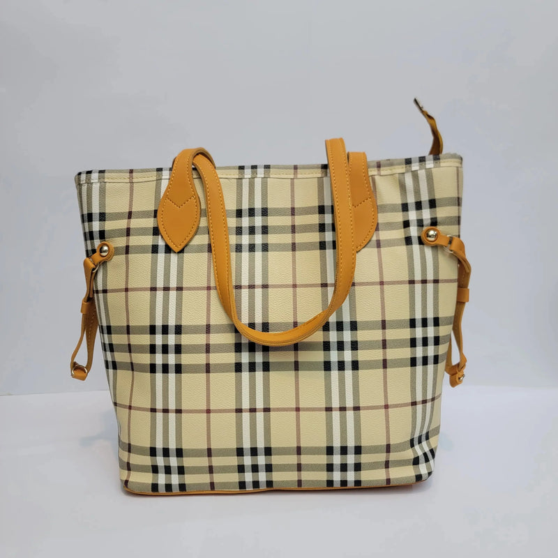 Cross B. mustard checkered tote bag, front view