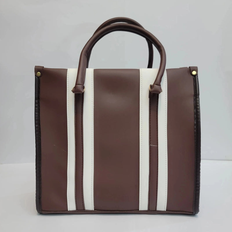 Cross B. coffee brown structured tote bag with contrast stripe panels, front view