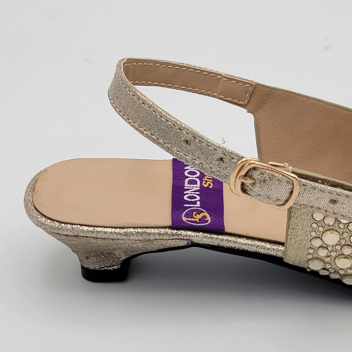 Cross B. golden crystal-embellished slingback heel, side view