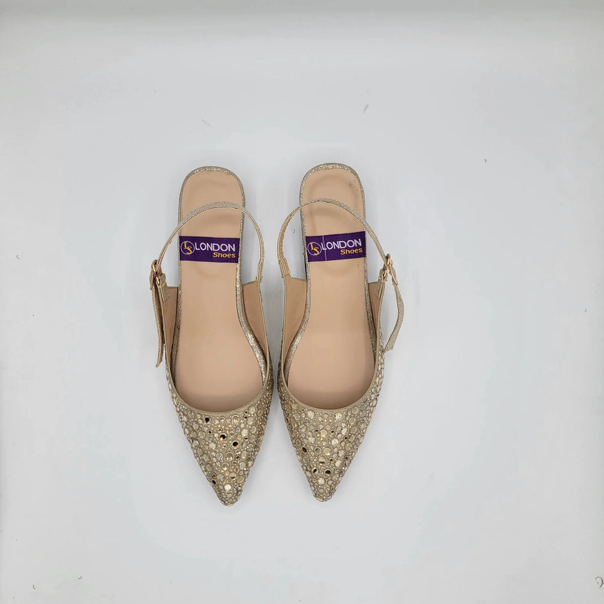 Cross B. golden crystal-embellished slingback heel, back view of ankle strap