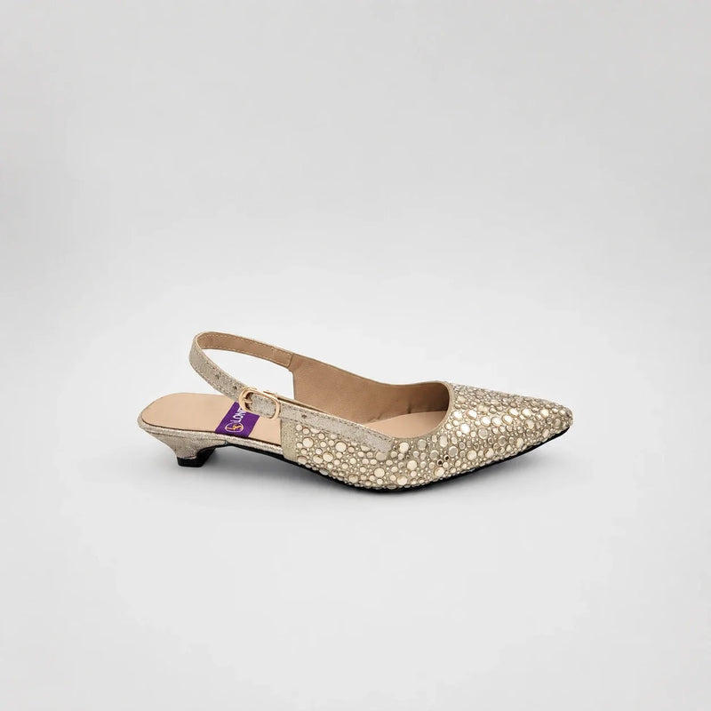 Cross B. golden crystal-embellished slingback heel, front view
