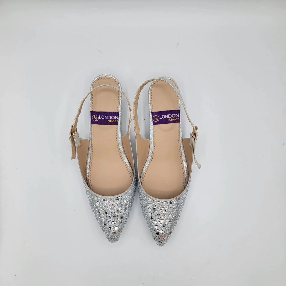 Cross B. silver crystal-embellished slingback heel, back view of ankle strap