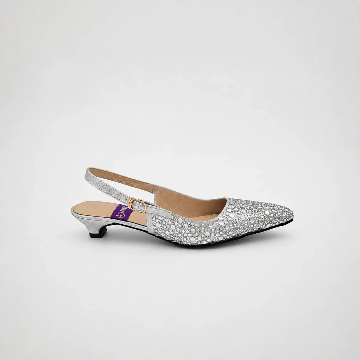 Cross B. silver crystal-embellished slingback heel, front view