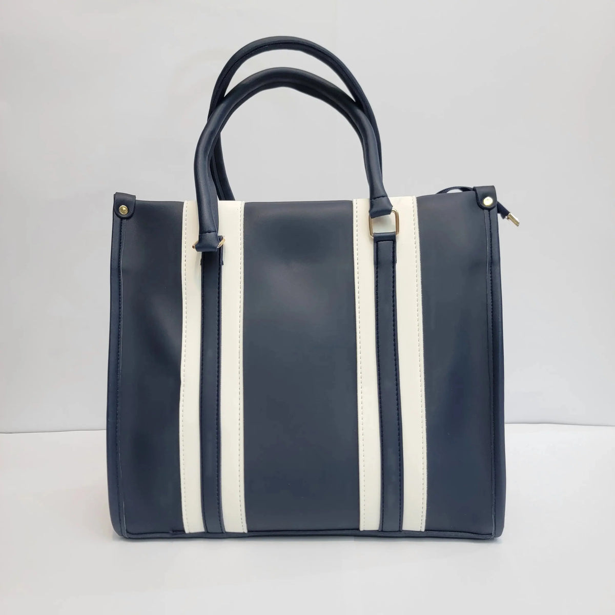 Cross B. navy blue structured tote bag with contrast stripe panels, front view