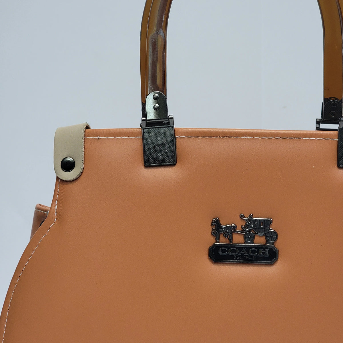 Close-up of a Coach handbag in tan leather with brown handles, a beige strap tab, and a black Coach logo plaque on the front.